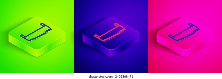 Isometric line Two-handed saw icon isolated on green, blue and pink background. Square button. Vector
