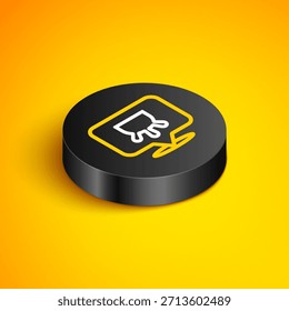 Icono isométrico de la línea Udder aislado en fondo amarillo. Botón de círculo negro. Vector