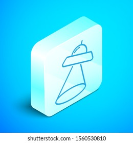 Isometric line UFO flying spaceship icon isolated on blue background. Flying saucer. Alien space ship. Futuristic unknown flying object. Silver square button. Vector Illustration