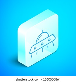 Isometric line UFO flying spaceship icon isolated on blue background. Flying saucer. Alien space ship. Futuristic unknown flying object. Silver square button. Vector Illustration
