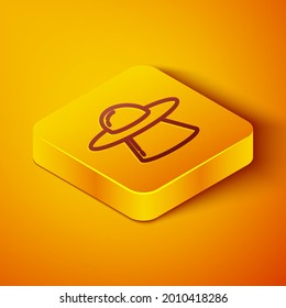 Isometric line UFO flying spaceship icon isolated on orange background. Flying saucer. Alien space ship. Futuristic unknown flying object. Yellow square button. Vector