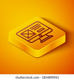 Isometric line UI or UX design icon isolated on orange background. Yellow square button. Vector