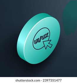 Isometric line UI o UX design icon aislado en fondo negro. Botón de círculo turquesa. Vector