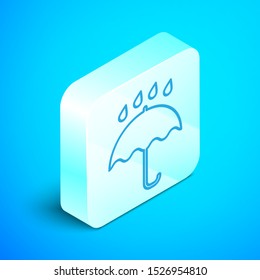 Isometric line Umbrella and rain drops icon isolated on blue background. Waterproof icon. Protection, safety, security concept. Water resistant symbol. Silver square button. Vector Illustration