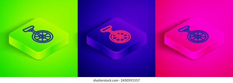 Isometric line Unicycle or one wheel bicycle icon isolated on green, blue and pink background. Monowheel bicycle. Square button. Vector