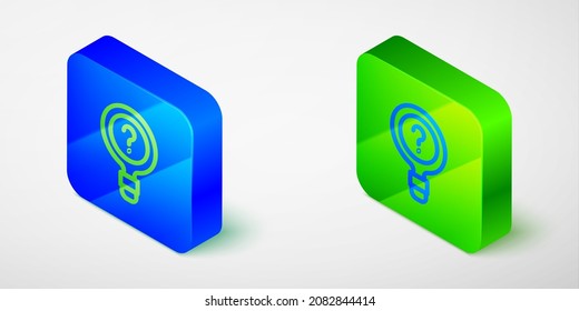 Isometric line Unknown search icon isolated grey background. Magnifying glass and question mark. Blue and green square button. Vector