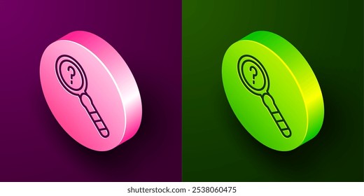Isometrische Linie Unbekanntes Suchsymbol einzeln auf violettem und grünem Hintergrund. Vergrößerungsglas und Fragezeichen. Kreis-Taste. Vektorgrafik