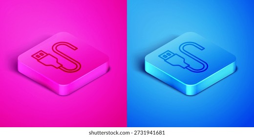 Isometric line USB cable cord icon isolated on pink and blue background. Connectors and sockets for PC and mobile devices. Square button. Vector