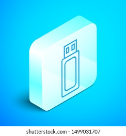 Isometric line USB flash drive icon isolated on blue background. Silver square button. Vector Illustration