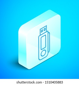 Isometric line USB flash drive icon isolated on blue background. Silver square button. Vector Illustration