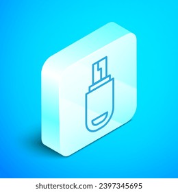 Isometrische Linie USB-Flash-Laufwerk Symbol einzeln auf blauem Hintergrund. Silberquadrat-Taste. Vektorgrafik
