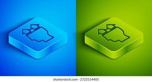 Línea isométrica Usuario del icono del hombre aislado en fondo azul y verde. Icono de perfil de usuario de símbolo de avatar empresarial. Signo de usuario masculino. Botón cuadrado. Vector