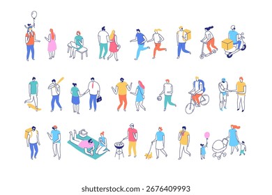 Vetor de linha isométrica definido com pessoas em diferentes atividades de estilo de vida. Personagens mínimos planos fazendo esportes, socialização, caminhadas, tarefas familiares e de negócios.