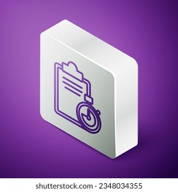 Isometric line Verification of delivery list clipboard icon isolated on purple background. Silver square button. Vector Illustration