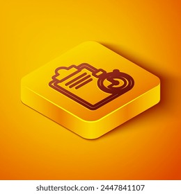 Isometrische Linie Überprüfung der Lieferliste Zwischenablage Symbol auf orangefarbenem Hintergrund. Gelbes quadratisches Button. Vektorillustration