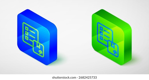 Isometric line Verification of delivery list clipboard icon isolated grey background. Blue and green square button. Vector