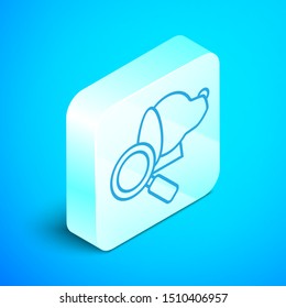 Isometric line Veterinary clinic symbol icon isolated on blue background. Magnifying glass with dog veterinary care. Pet First Aid sign. Silver square button. Vector Illustration