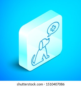 Isometric line Veterinary clinic symbol icon isolated on blue background. Cross with dog veterinary care. Pet First Aid sign. Silver square button. Vector Illustration