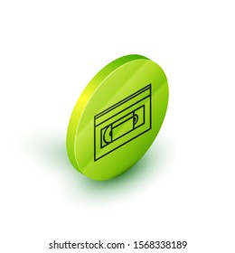 Isometric line VHS video cassette tape icon isolated on white background. Green circle button. Vector Illustration
