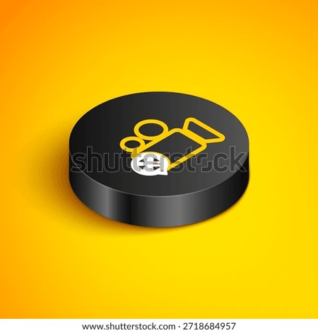 Isometric line Video camera with screwdriver and wrench icon isolated on yellow background. Adjusting, service, setting, maintenance, repair, fixing. Black circle button. Vector