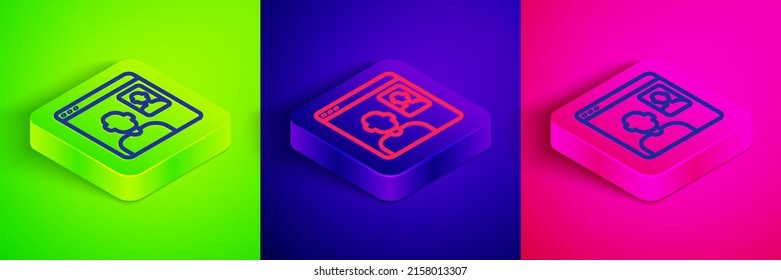 Isometric line Video chat conference icon isolated on green, blue and pink background. Online meeting work form home. Remote project management. Square button. Vector