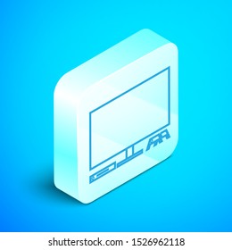 Isometric line Video game console icon isolated on blue background. Game console with joystick and lcd television. Silver square button. Vector Illustration