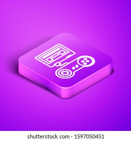 Isometric line Video game console with joystick icon isolated on purple background. Purple square button. Vector Illustration