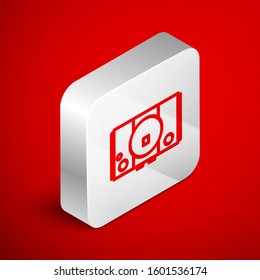 Isometric line Video game console icon isolated on red background. Silver square button. Vector Illustration