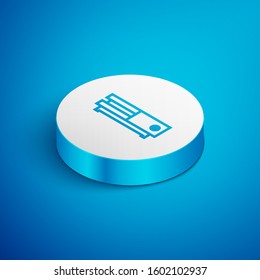 Isometric line Video game console icon isolated on blue background. White circle button. Vector Illustration