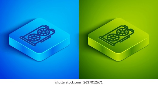 Isometric line Video graphic card icon isolated on blue and green background. Square button. Vector