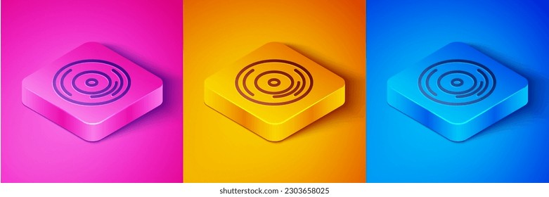 Isometric line Vinyl disk icon isolated on pink and orange, blue background. Square button. Vector