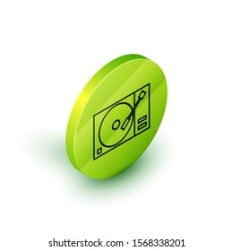 Isometric line Vinyl player with a vinyl disk icon isolated on white background. Green circle button. Vector Illustration