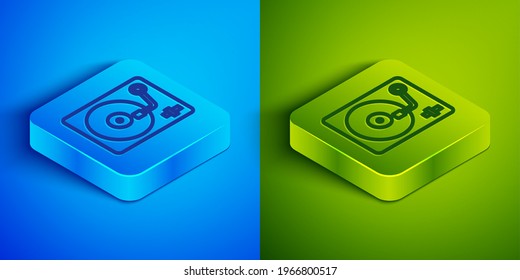 Isometrische Linie Vinyl-Player mit einer Vinyl-Disk Symbol einzeln auf blauem und grünem Hintergrund. Knopf Quadrat. Vektorgrafik