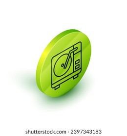 Línea isométrica Reproductor de vinilo con un icono de disco de vinilo aislado en fondo blanco. Botón Círculo verde. Vector