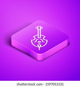 Isometric line Violin icon isolated on purple background. Musical instrument. Purple square button. Vector Illustration
