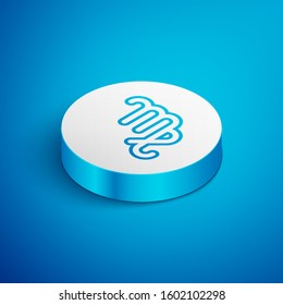 Isometric line Virgo zodiac sign icon isolated on blue background. Astrological horoscope collection. White circle button. Vector Illustration