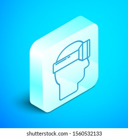 Isometric line Virtual reality glasses icon isolated on blue background. Stereoscopic 3d vr mask. Silver square button. Vector Illustration
