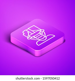 Isometric line Virtual reality glasses icon isolated on purple background. Stereoscopic 3d vr mask. Purple square button. Vector Illustration