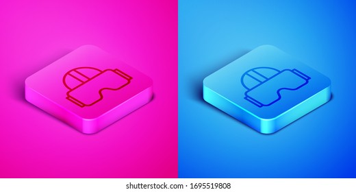Línea isométrica Icono de las gafas de realidad virtual aislado en fondo rosa y azul. Máscara 3d vr esteoscópica. Botón cuadrado. Ilustración vectorial
