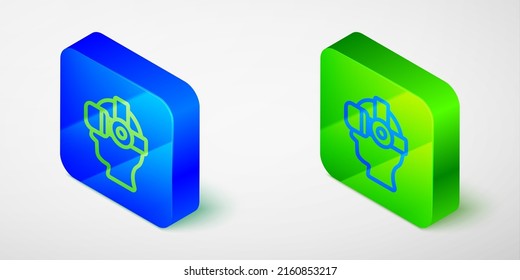 Isometric line Virtual reality glasses icon isolated on grey background. Stereoscopic 3d vr mask. Optical head mounted display. Blue and green square button. Vector