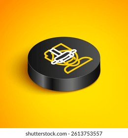 Isometric line Virtual reality glasses icon isolated on yellow background. Stereoscopic 3d vr mask. Black circle button. Vector
