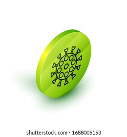 Isometric line Virus icono aislado en fondo blanco. Virus Corona 2019-nCoV. Bacterias y gérmenes, cáncer celular, microbio, hongos. Botón de círculo verde. Ilustración vectorial