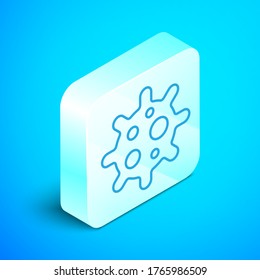 Isometric line Virus icon isolated on blue background. Corona virus 2019-nCoV. Bacteria and germs, cell cancer, microbe, fungi. Silver square button. Vector