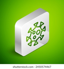 Isometric line Virus icon isolated on green background. Corona virus 2019-nCoV. Bacteria and germs, cell cancer, microbe, fungi. Silver square button. Vector