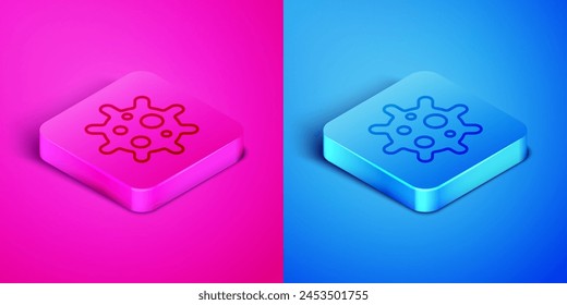 Isometric line Virus icon isolated on pink and blue background. Corona virus 2019-nCoV. Bacteria and germs, cell cancer, microbe, fungi. Square button. Vector