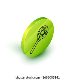 Isometric line Virus under magnifying glass icon isolated on white background. Corona virus 2019-nCoV. Bacteria and germs, microbe, fungi. Green circle button. Vector Illustration