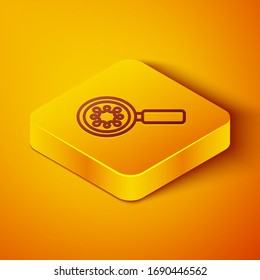 Isometric line Virus under magnifying glass icon isolated on orange background. Corona virus 2019-nCoV. Bacteria and germs, microbe, fungi. Yellow square button. Vector Illustration