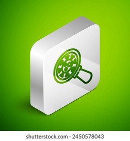 Isometric line Virus under magnifying glass icon isolated on green background. Corona virus 2019-nCoV. Bacteria and germs, microbe, fungi. Silver square button. Vector