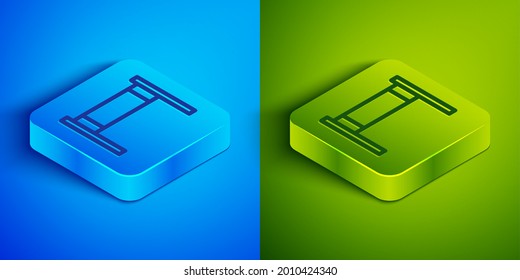 Isometric line Volleyball net icon isolated on blue and green background. Square button. Vector Illustration