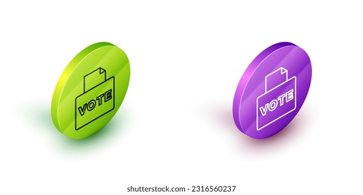 Isometrische Zeile Wahlbox oder Wahlurne mit Umschlagsymbol einzeln auf weißem Hintergrund. Grüne und violette Kreisknöpfe. Vektorgrafik